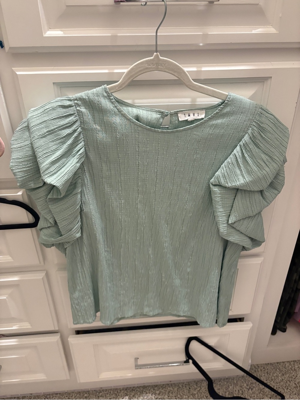 THML Mint Ruffle Sleeve Textured Blouse